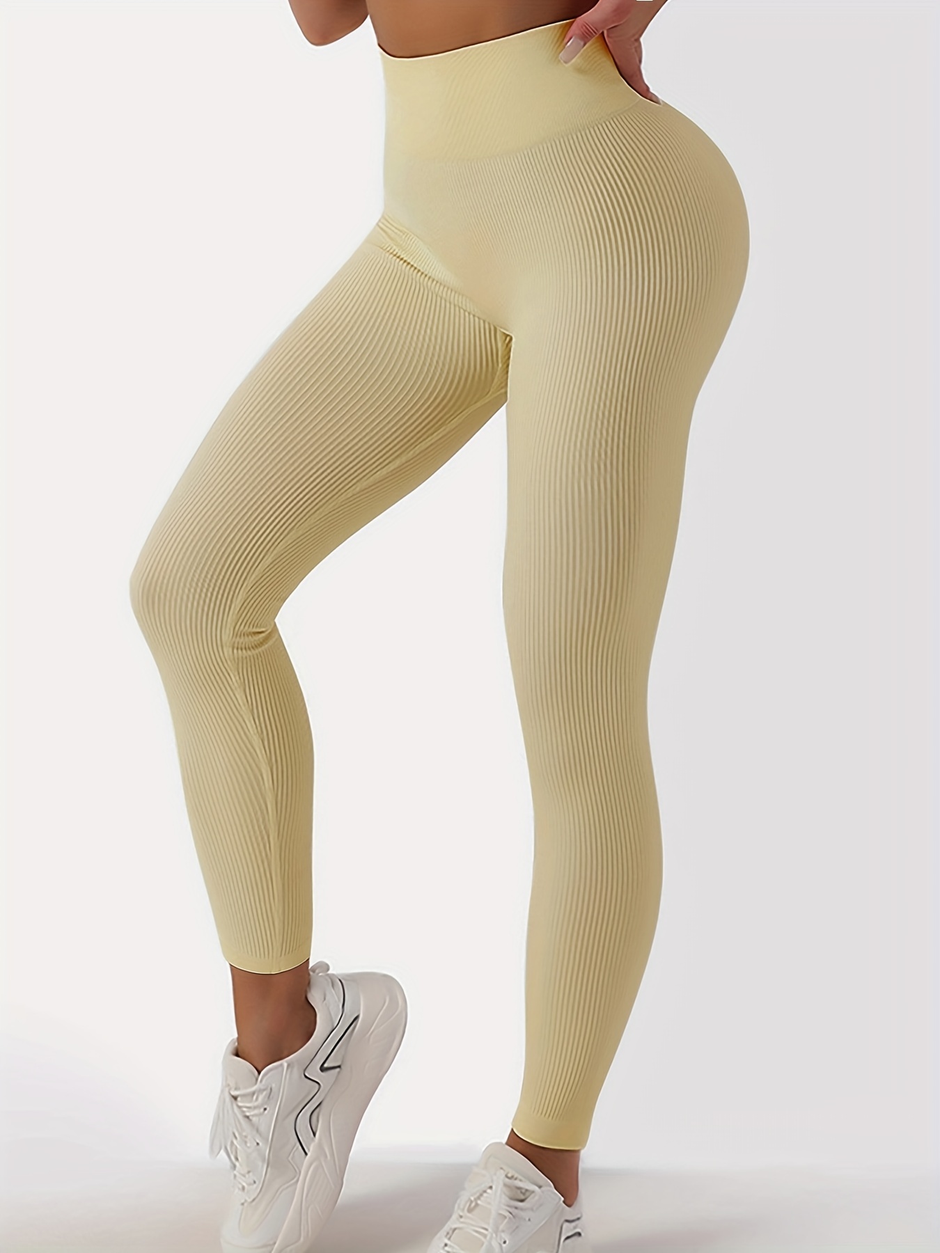 Beige Ribbed High Waisted Leggings, Trousers