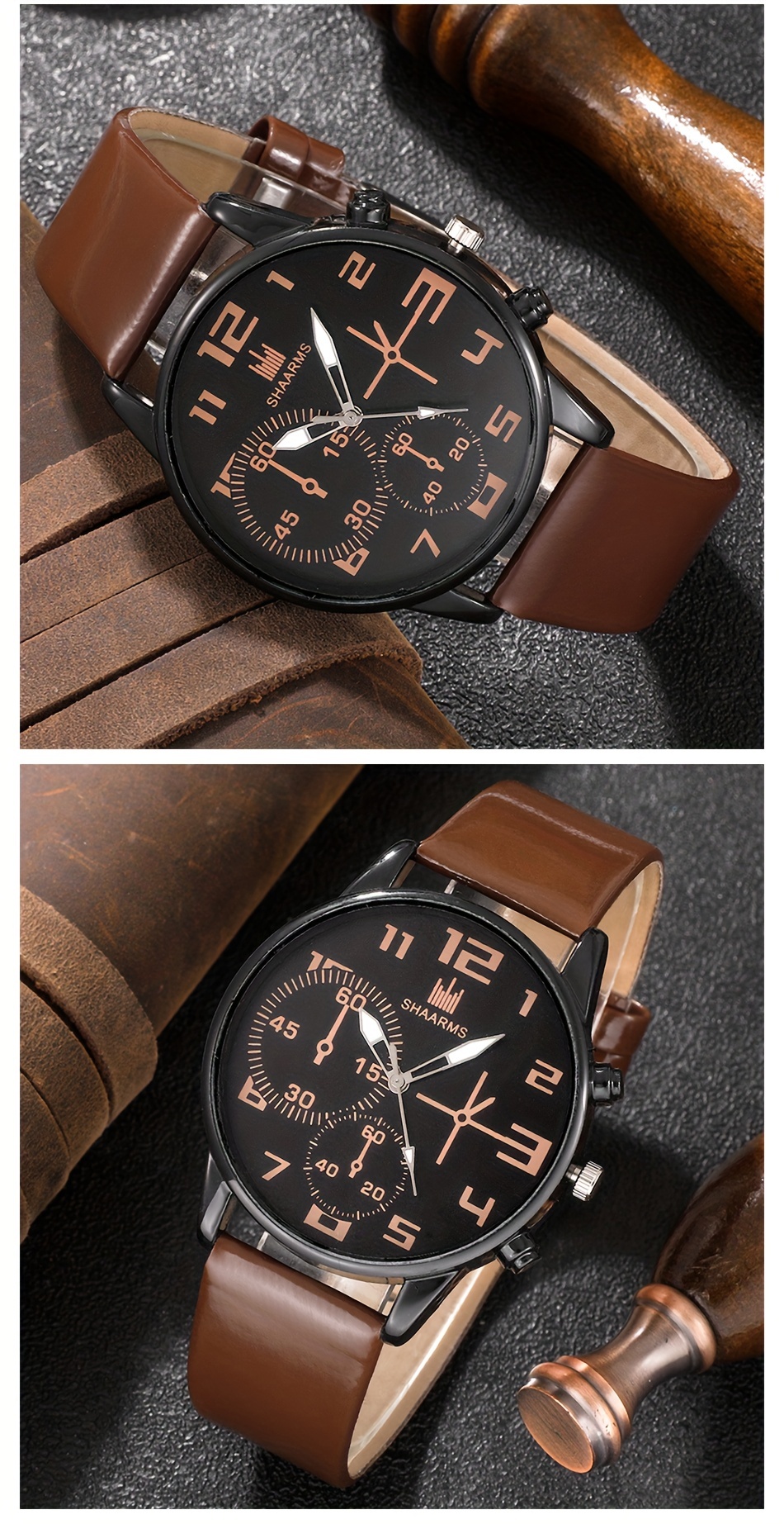 5pcs mens fashion quartz watch bracelet set   zinc alloy case   leather strap details 5