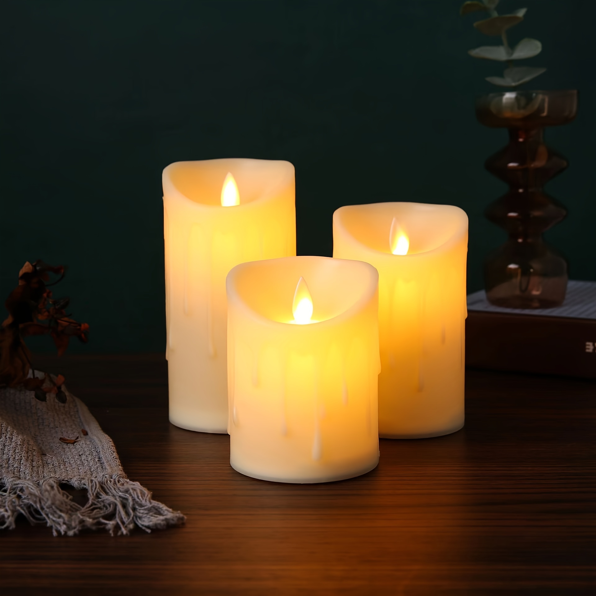 1pc Electronic Flameless Candles, Battery Extra Bright Ivory Dripping Real  Wax Pillars LED Flickering Pillar Candle