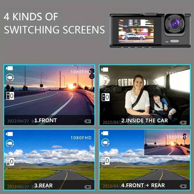 3-Kanal-Dashcam vorne und hinten innen, 1080P Full HD 170 Grad  Weitwinkel-Dashboard-Kamera, 2,0-Zoll-IPS-Bildschirm, eingebaute  IR-Nachtsicht, G-Sensor, Schleifenaufzeichnung,  24-Stunden-Parkplatzaufnahme. - KENTFAITH