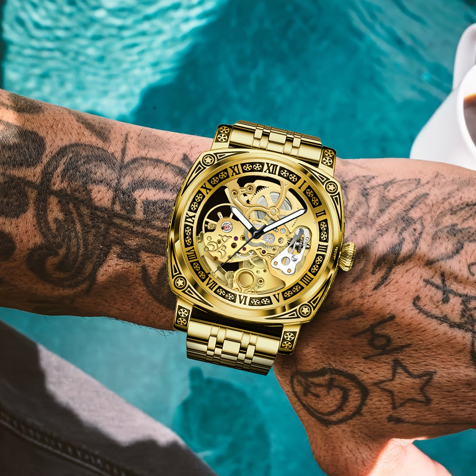 Men's Engraved Automatic Watch, Vintage Tattoo Case Hollow Waterproof Automatic Mechanical Watch With Steel Band
