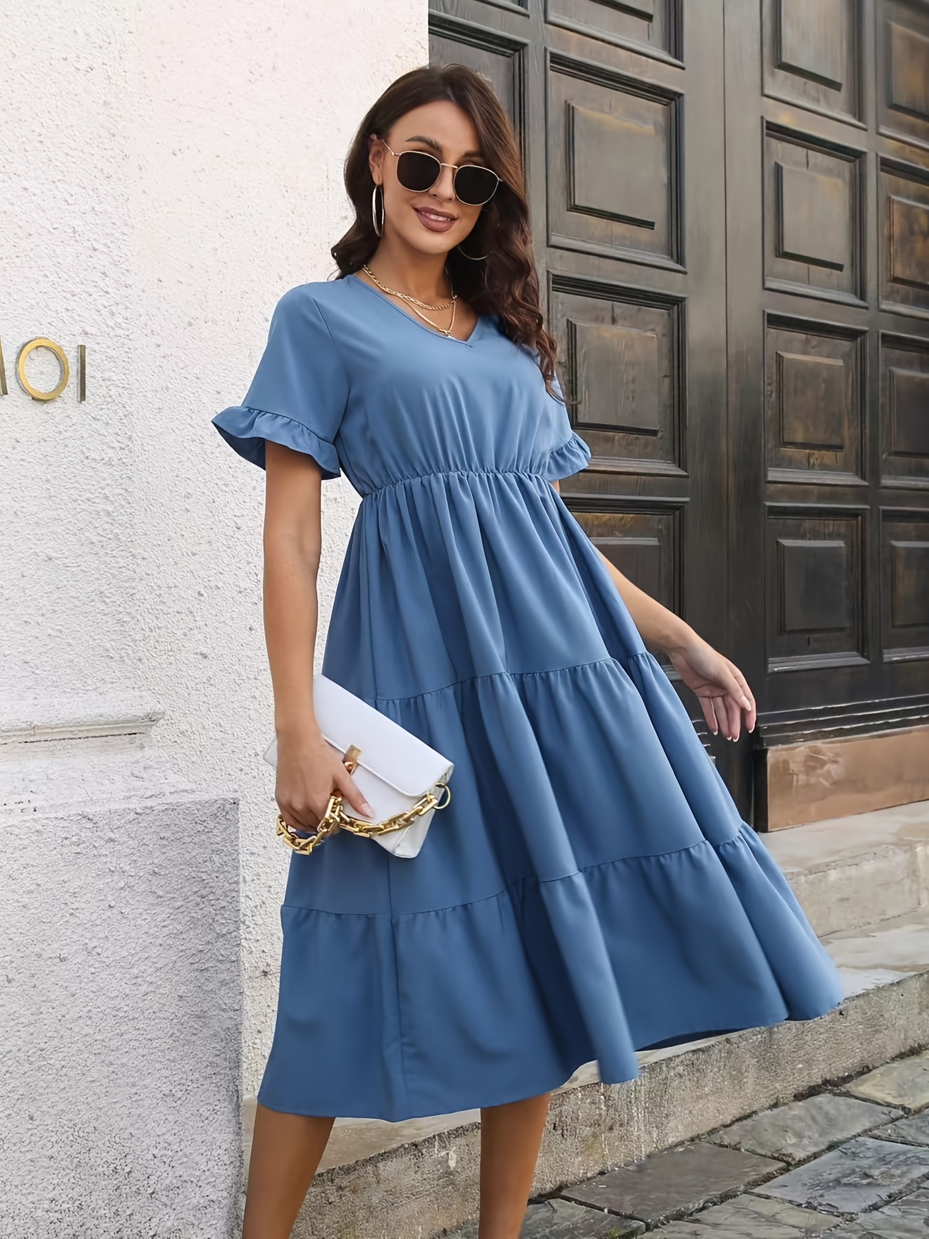 Ruffle Trim Solid Dress Elegant Flowy Swing Frill Dress Fall - Temu