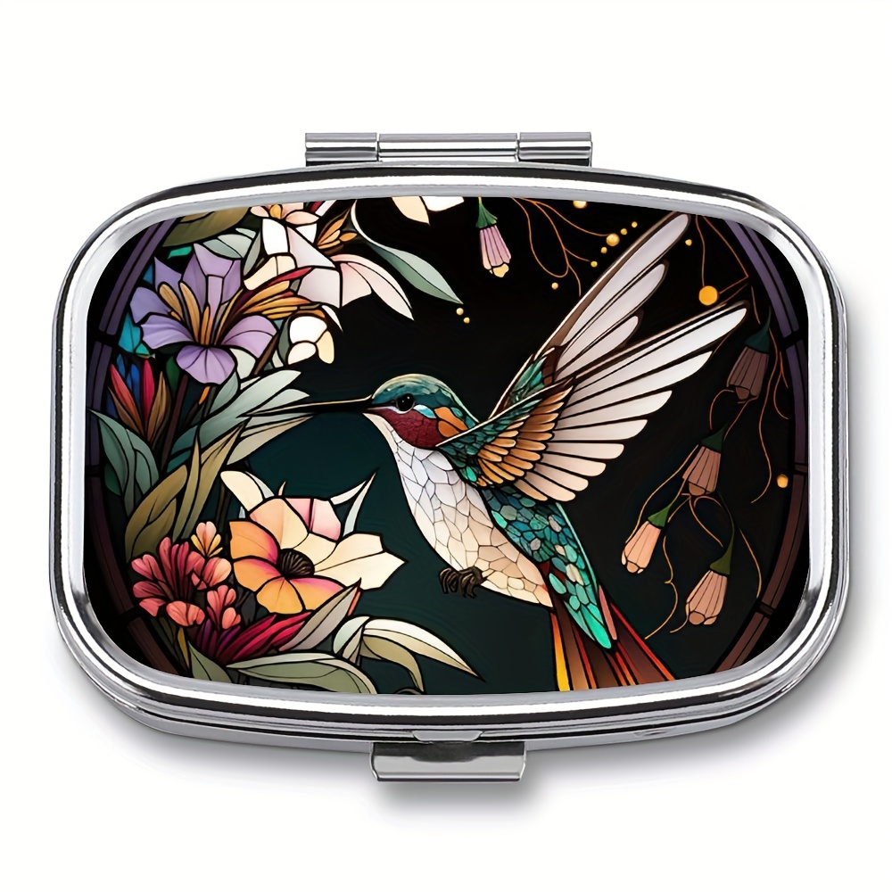 1pc colorful hummingbird pill box 2 compartment medicine pill case compartment portable medicine case portable pill box for pocket or purse pill box decorative metal medicine vitamin organizer for pockets purses travel unique gift details 1