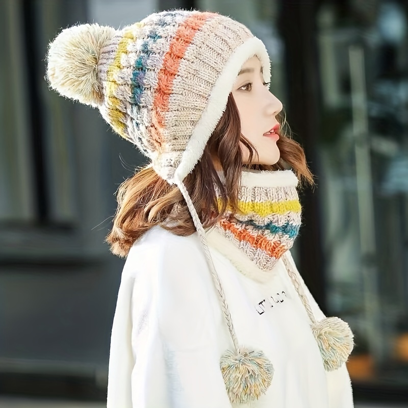 Bonnet rayé avec pompon en tricot doublé polaire Homme