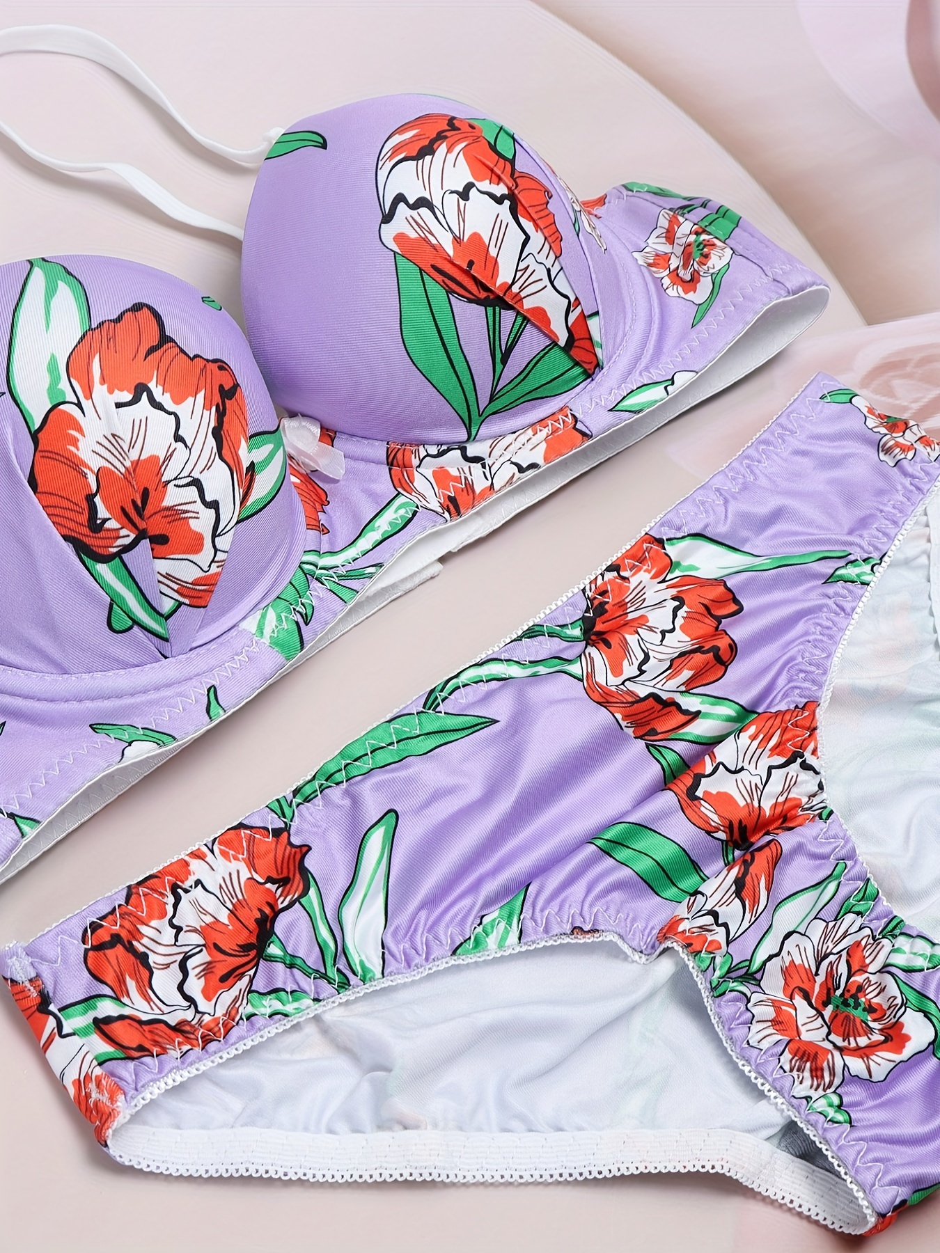 Floral Print Bra and High Waisted Panty Set