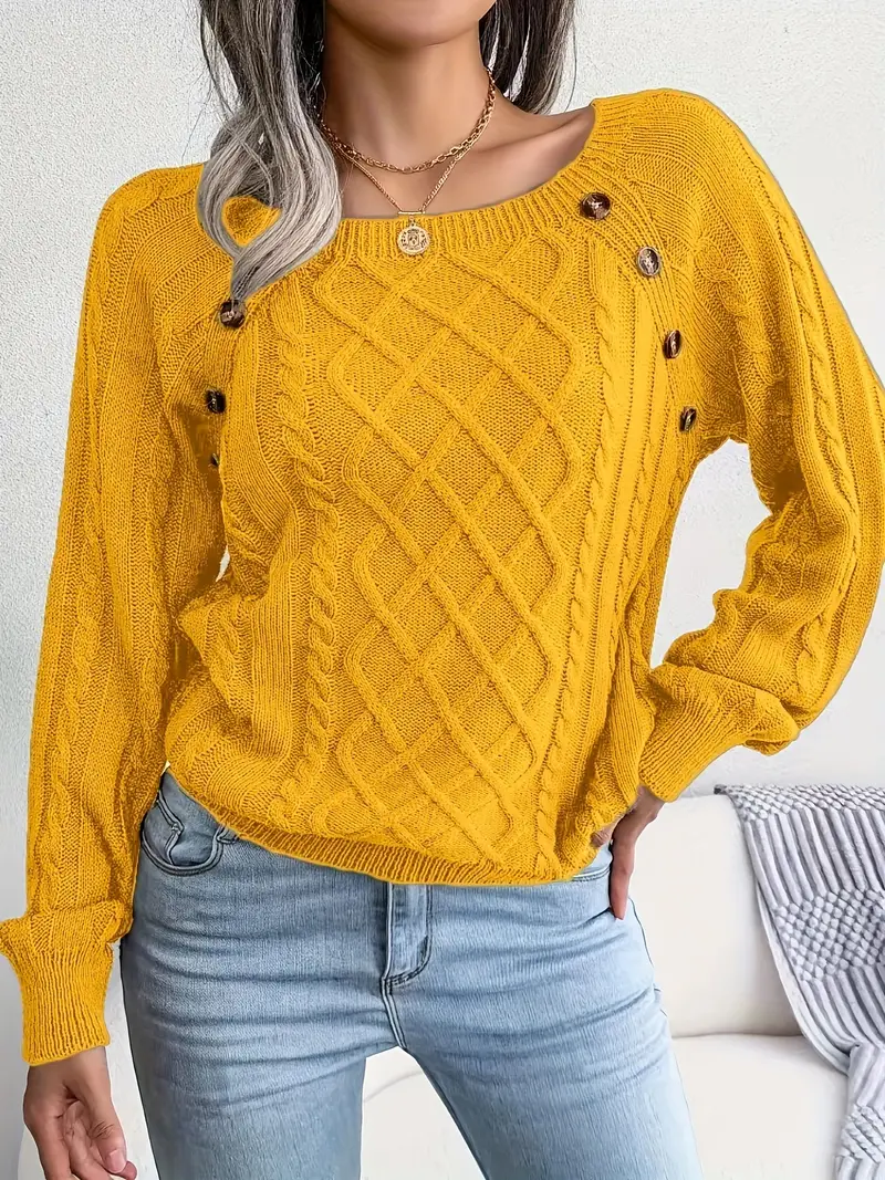 Solid Cable Knit Sweater Casual Crew Neck Long Sleeve - Temu