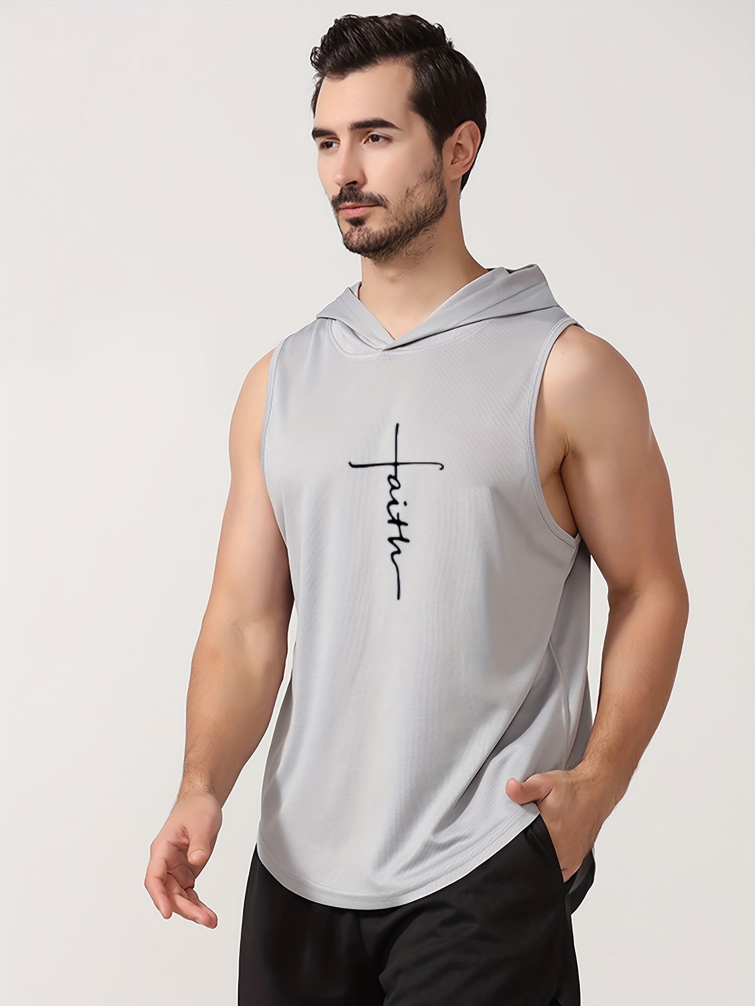 Men's Faith Print Hooded Sleeveless Active High Stretch - Temu