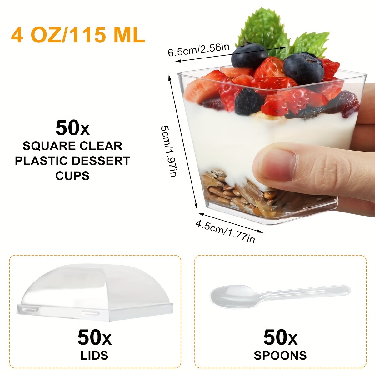 50Pcs Dessert Cups with Lids Jelly Ice Cream Pudding Clear Plastic