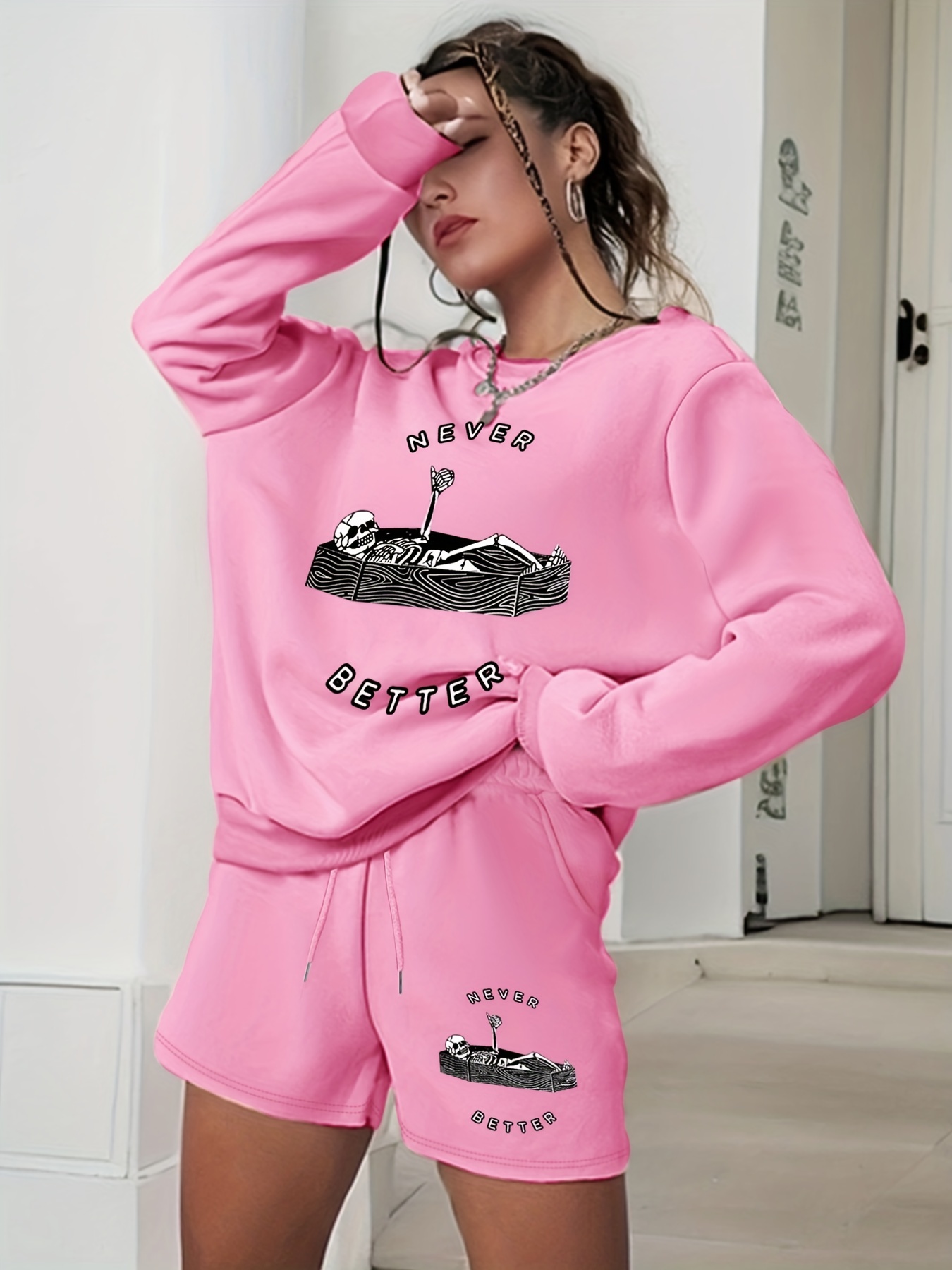 Funny Skeleton Print Two piece Set Long Sleeve Sweatshirt Temu