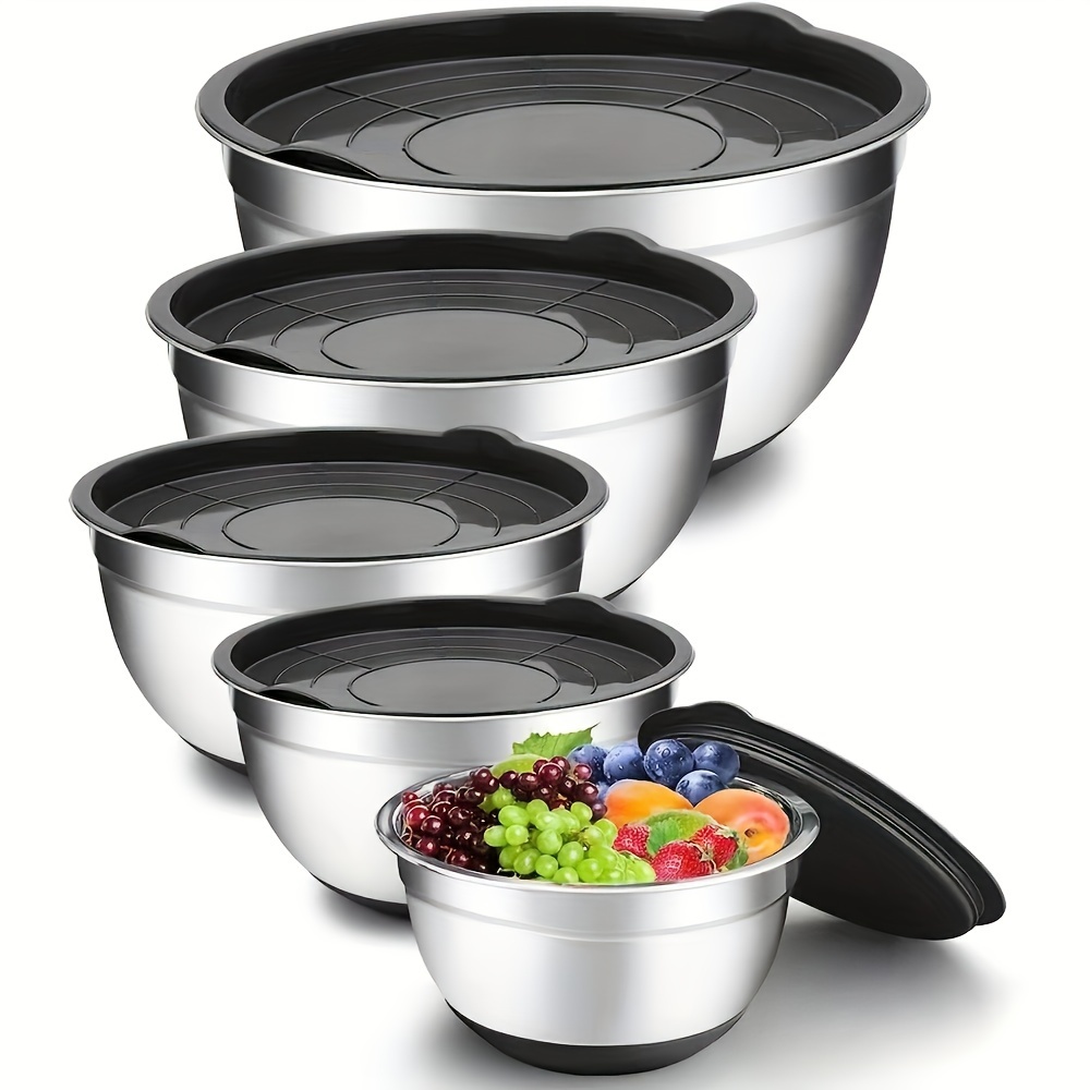 Raking 5 Piece Mixing Bowls Large 5 Quart Capacity Stainless Steel Bowl Set with Colorful Lids for Kitchen, Camping and Food Storage
