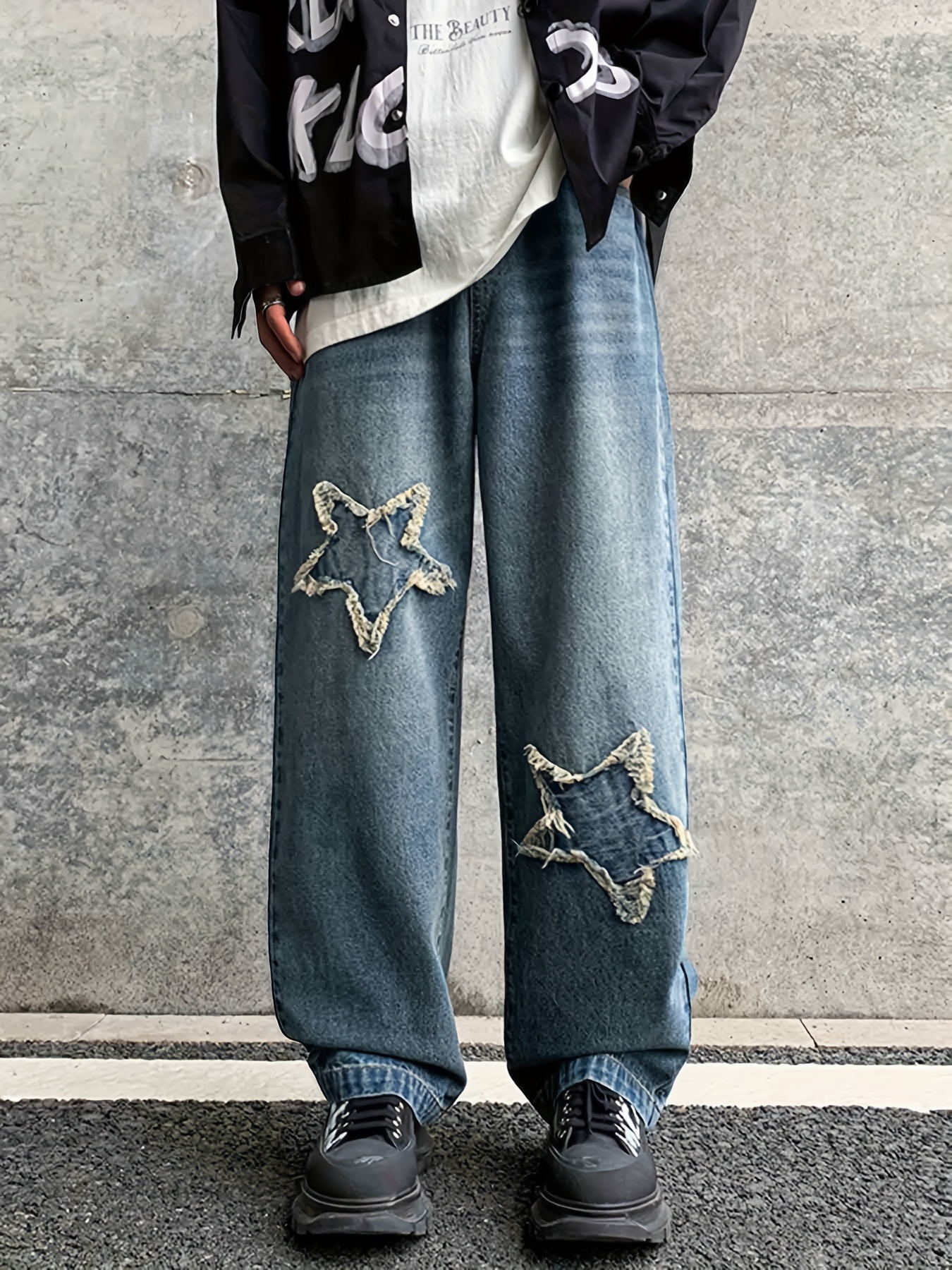 Y2k Clothes High Street Star Pattern Loose Fit Baggy Jeans - Temu