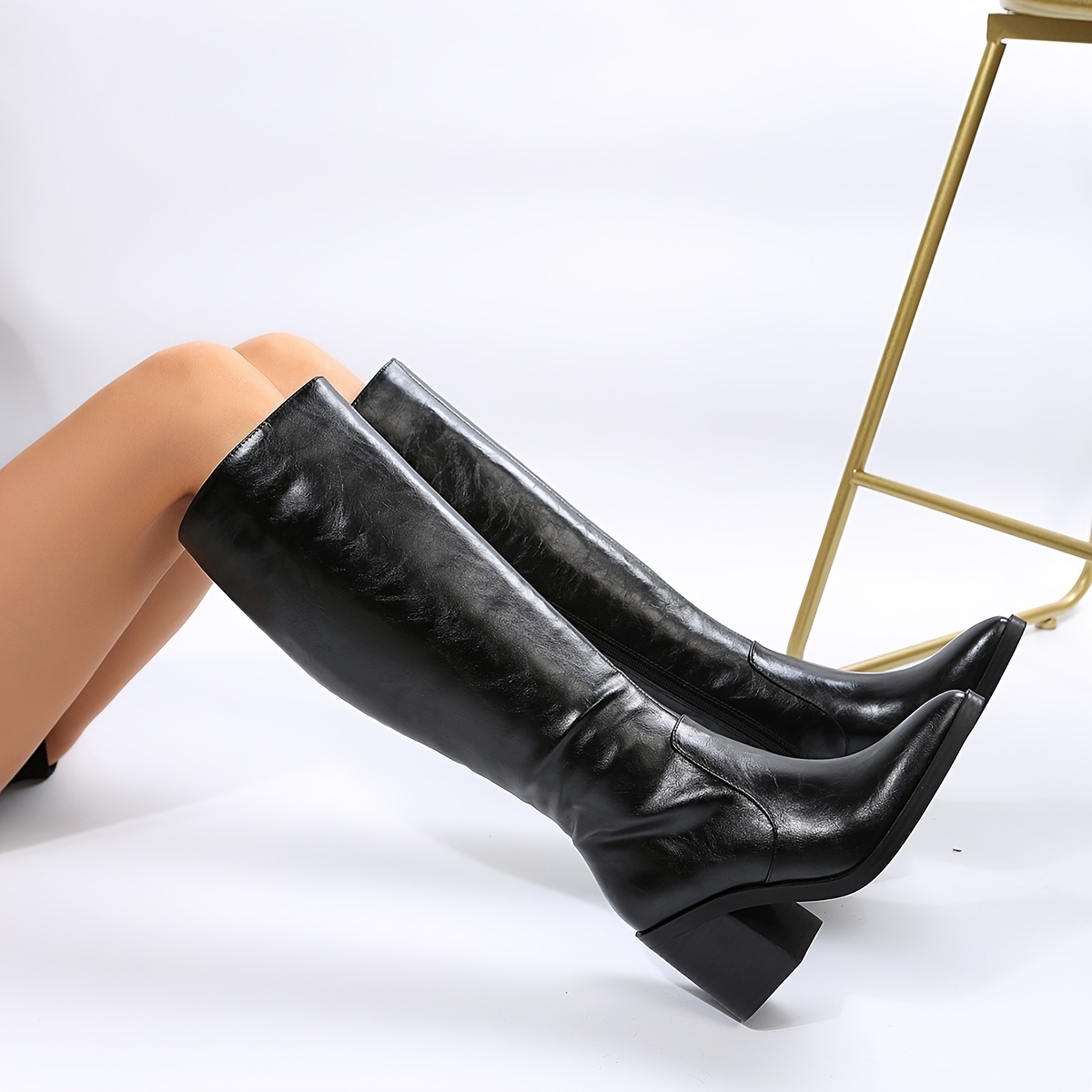 Frauen Solide Farbe Blockabsatz Stiefel Mode Falten Design - Temu Austria