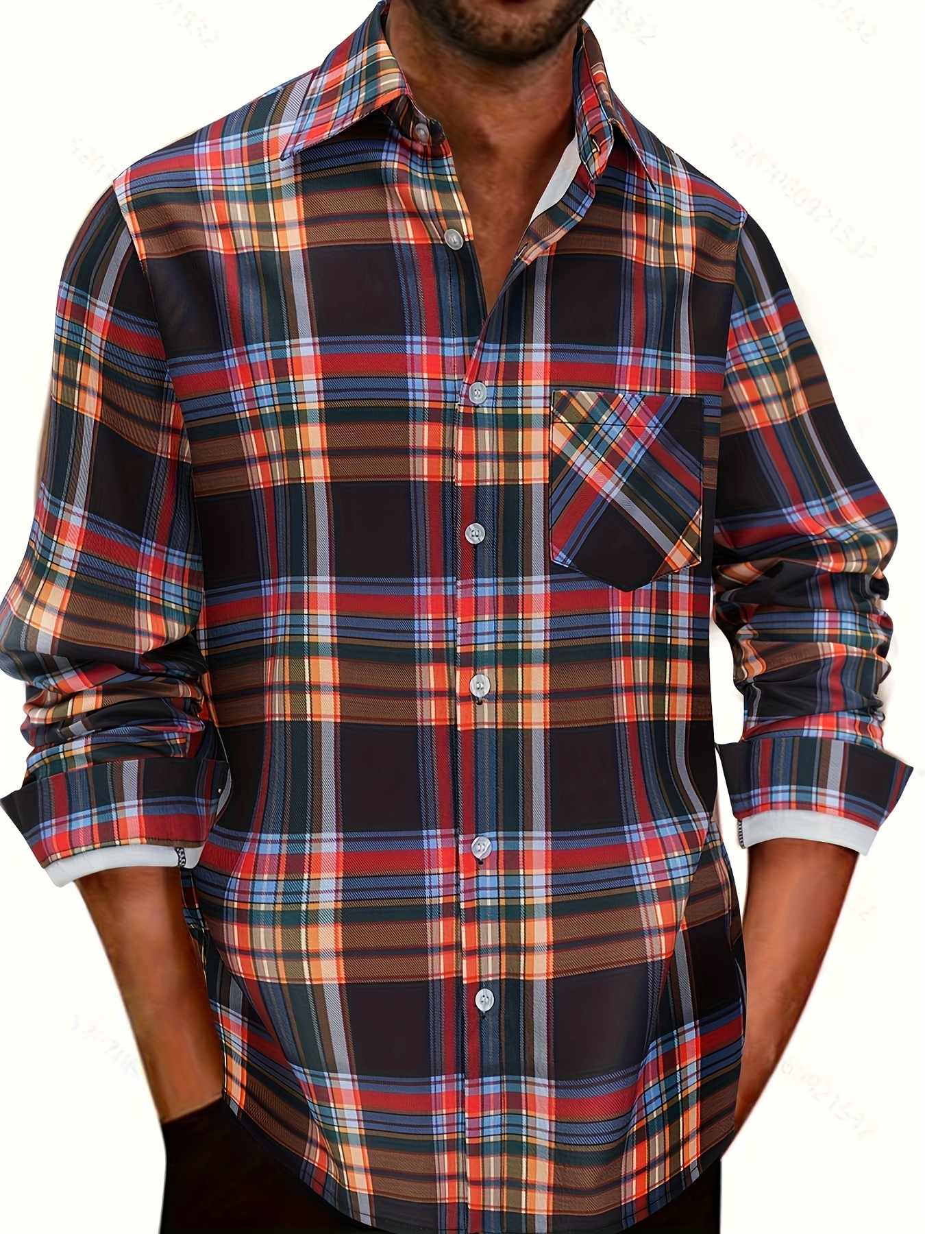 Men's Outfits Casual Plaid Lapel Button Long Sleeve Shirt - Temu