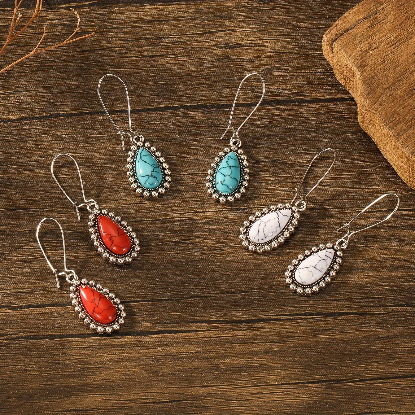 Image of 6pcs New Hot Selling Bohemian Ethnic Style Turquoise Retro Geometric Water Drop Earrings Set Women's Fashion Vacation Jewelry
