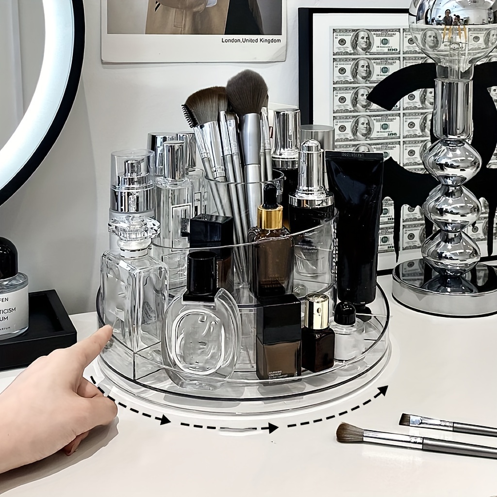 1pc rotating cosmetics storage box luxury desktop makeup brush storage tray dressing table cosmetics skincare product storage shelf clear makeup storage organizer details 2