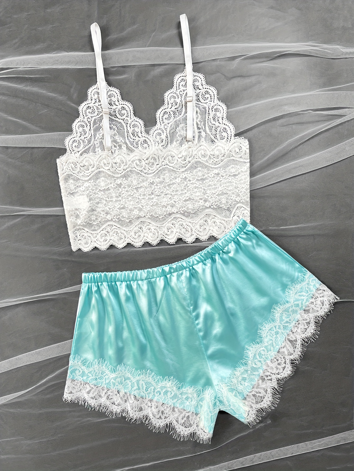 Teal Blue Sexy Satin Lace Cami Set French Knickers Negligee