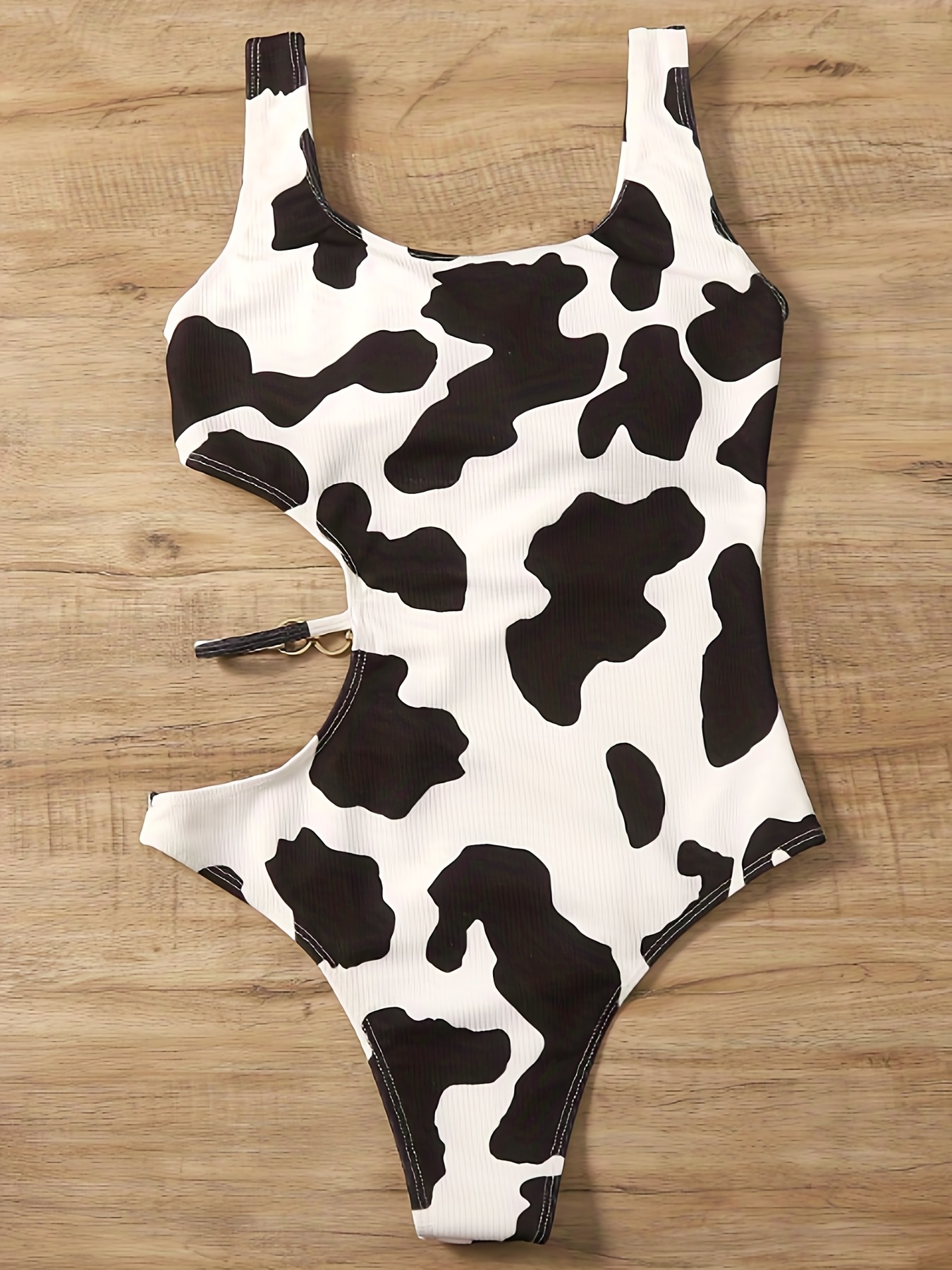 Cow Print Hollow Out Ring One Piece Swimsuit, Rib Knit Round Neck