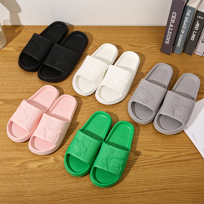 Men's Embossed Bear Slides, Casual Non Slip Slippers, Open Toe Shoes For Indoor Outdoor Beach Shower, Spring And Summer