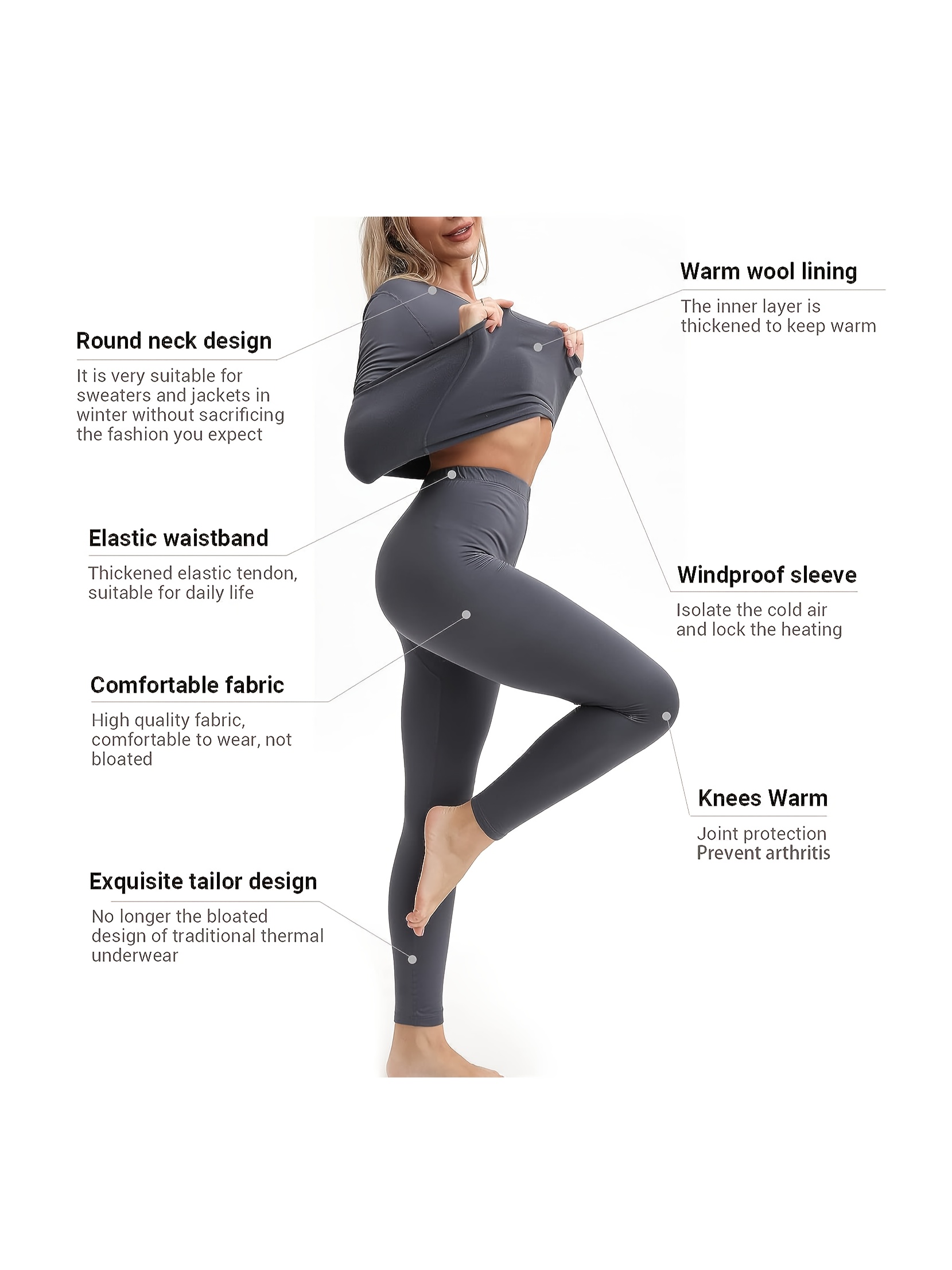 Women Solid Color High Elasticity Long Sleeve Thermal Underwear Top Pants  Set