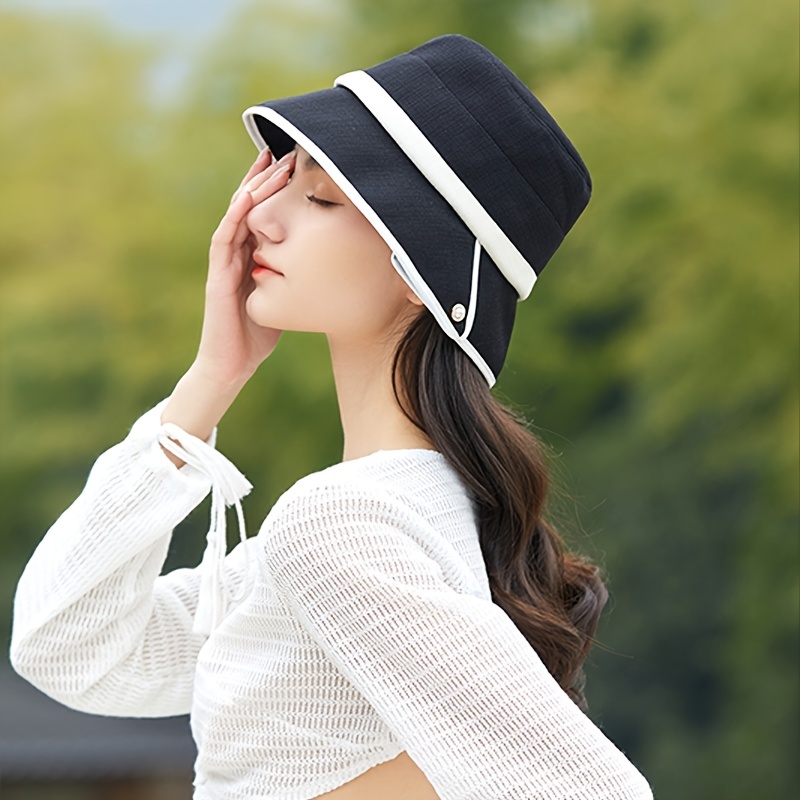 Black Bucket Hat White Edge Stripe Button Decor Visor Hats, Breathable  Women Outdoor Travel Beach Sun Hat Elegant French Style Fisherman Cap