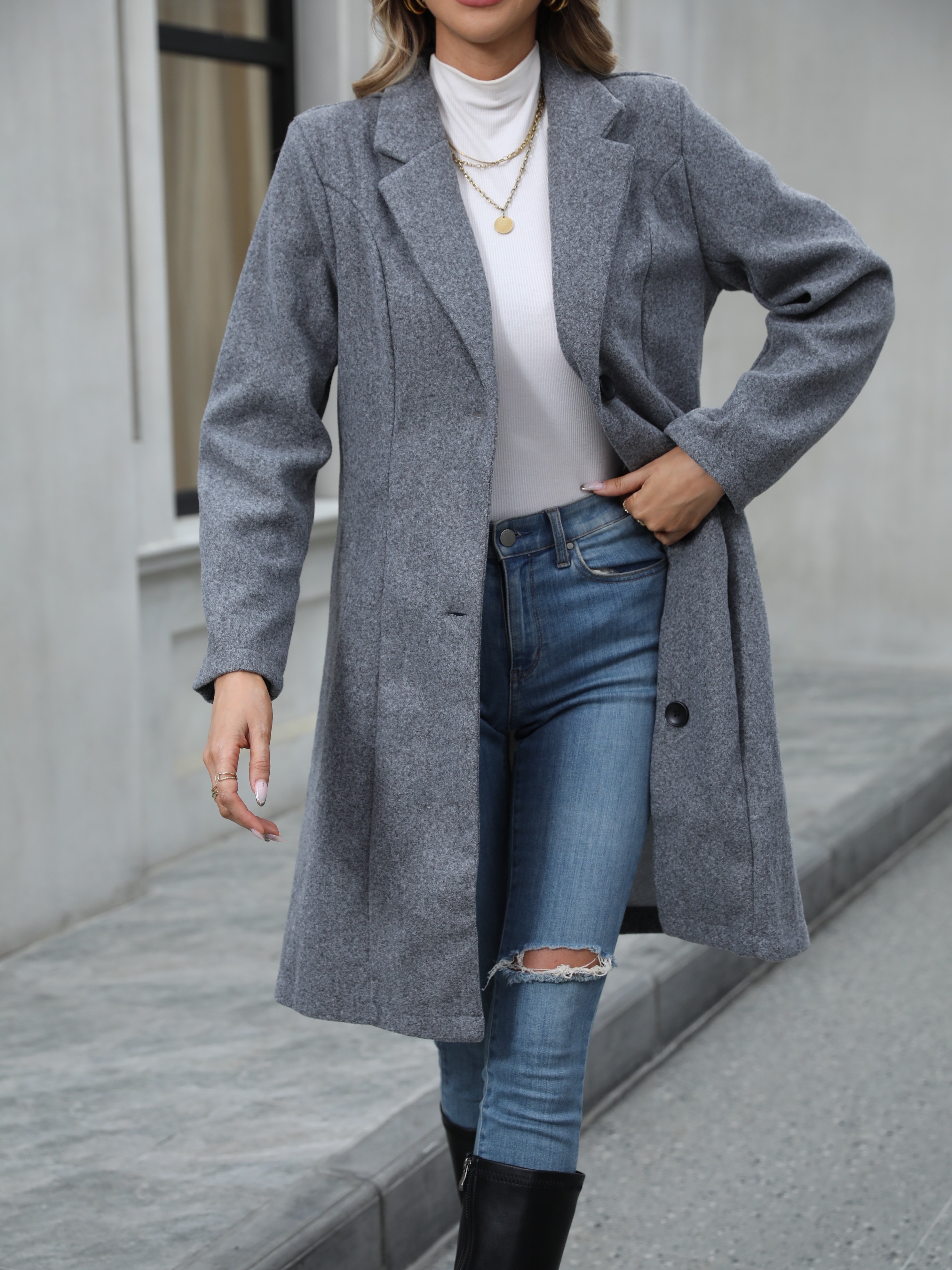 Solid Single Breasted Lapel Overcoat Casual Long Sleeve - Temu