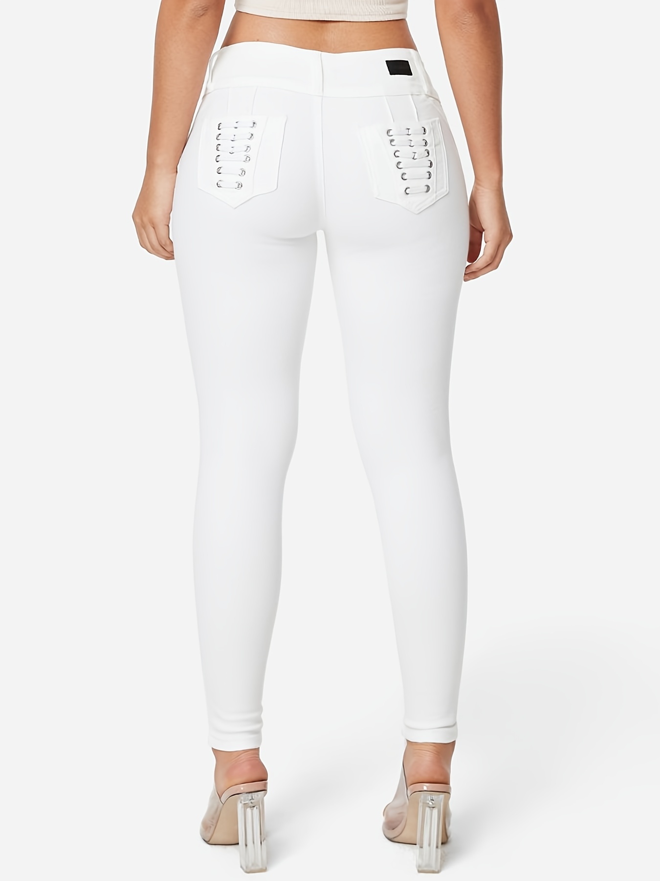 Jeans Ajustados Blancos Lisos, Pantalones De Mezclilla De Tiro Alto Con  Curvas Y Estiramiento Medio, Jeans Y Ropa De Mezclilla Para Mujer