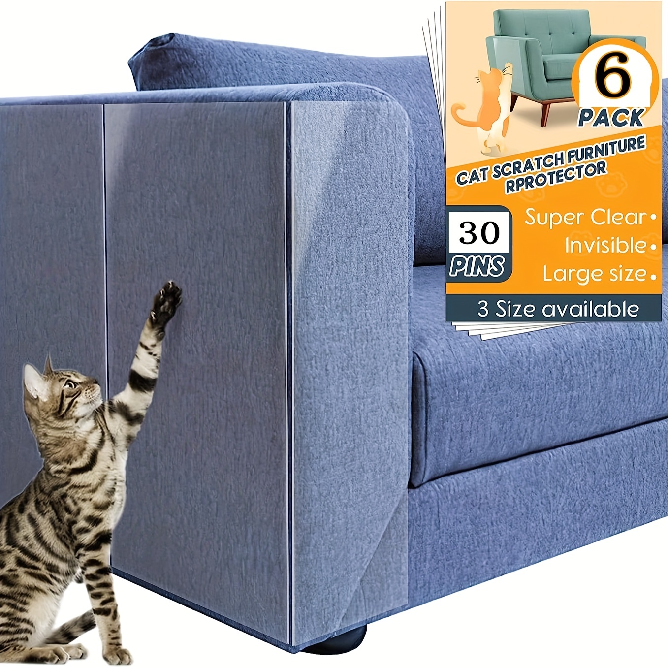 

6 Pack Cat Scratching Protection, Cat Scratch Furniture Protector Invisible, Waterproof Couch Protector From Cat Claws, Anti Cat Scratch Deterrent For Sofa, Doors, Chairs (17" X 12/8/6")