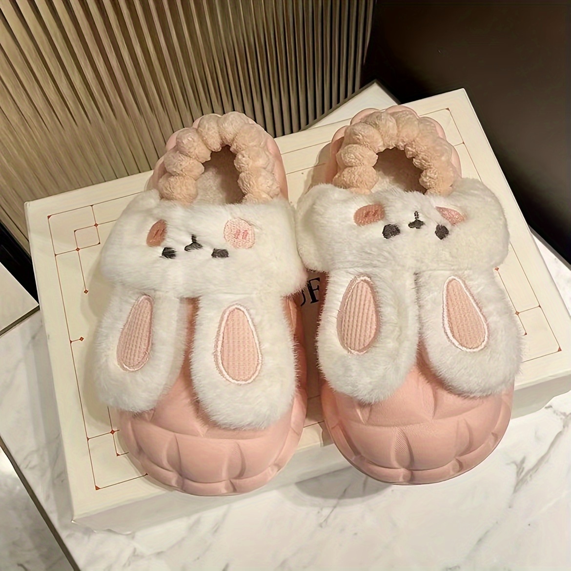 Cute Bunny Fuzzy House Slippers Round Toe Plush Lined Slip Temu