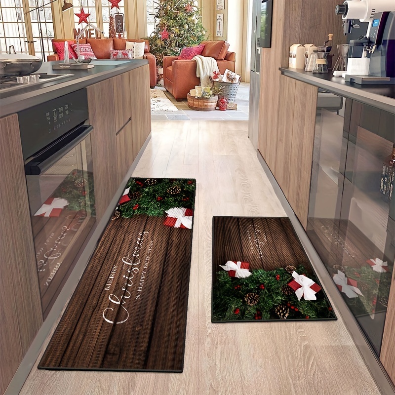  Christmas Kitchen Rugs and Mats Set (2 PCS), Merry