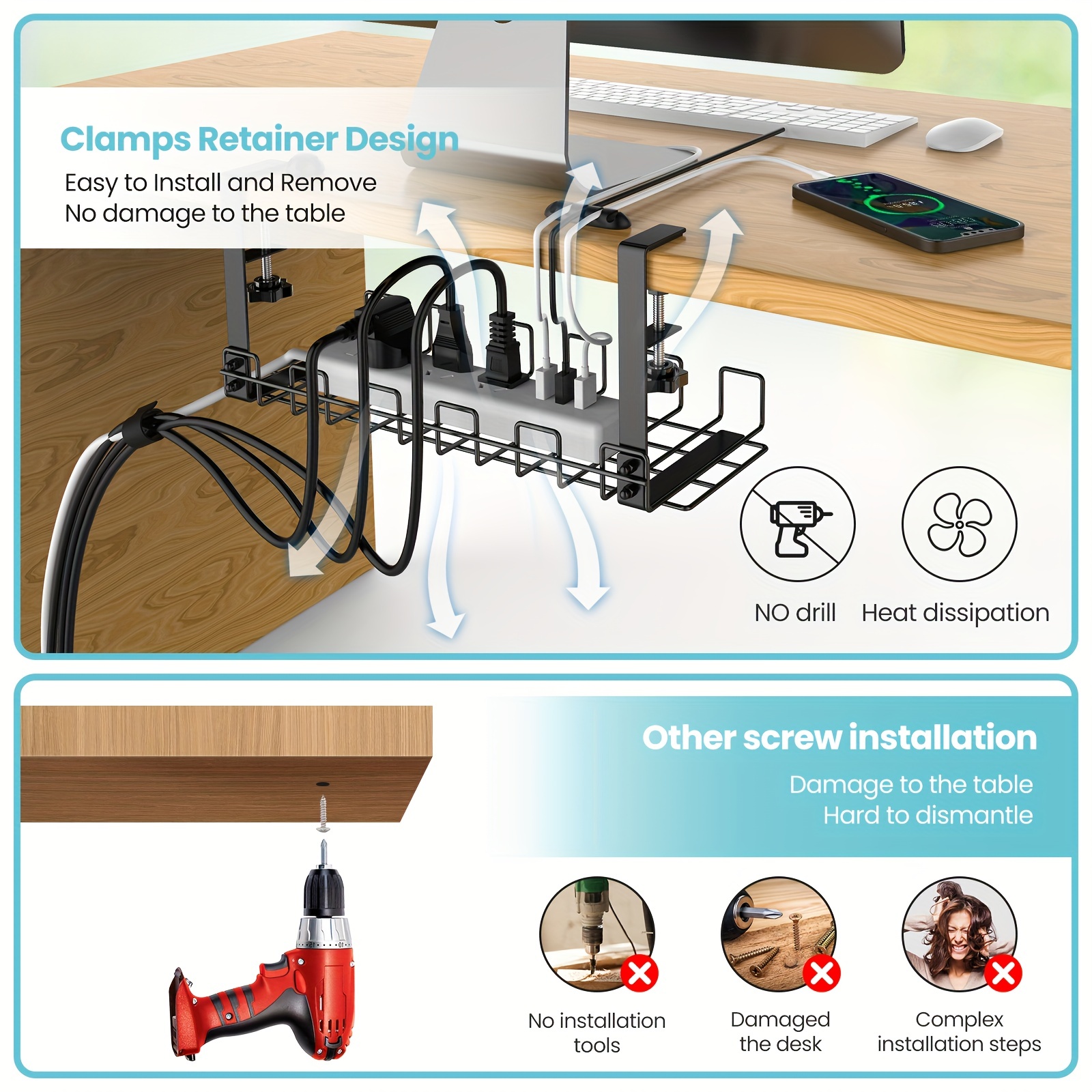 Under Desk Cable Management Tray No Drill Steel Desk Cable - Temu