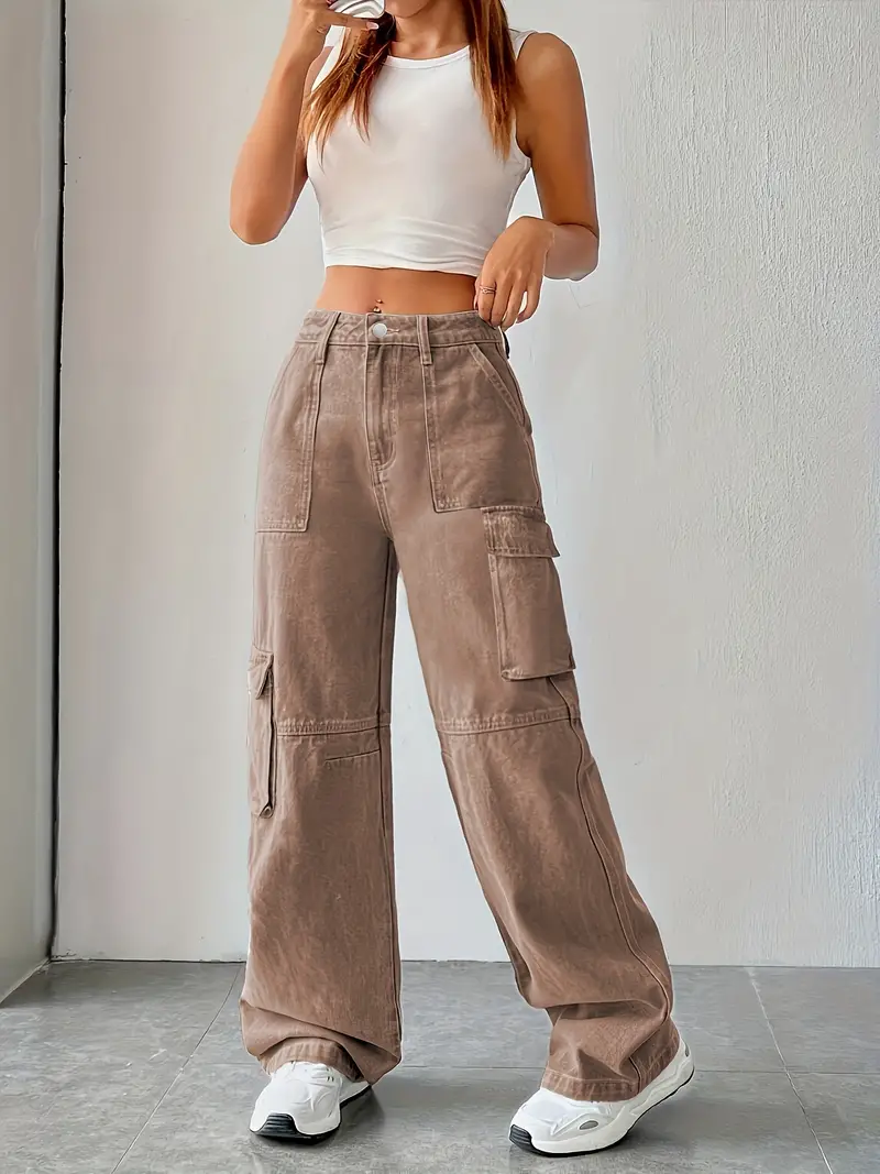 Plain Side Flap Pocket Cargo Jeans High Waisted Loose Fit - Temu