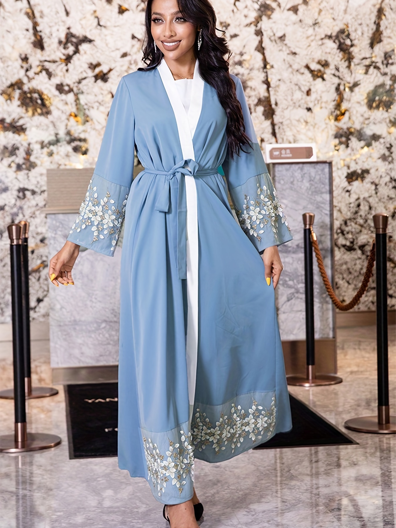 Vestido Kaftan Con Estampado Floral De Ramadán, Elegante Vestido Maxi De Manga Larga Abierto Al Frente, Ropa De Mujer