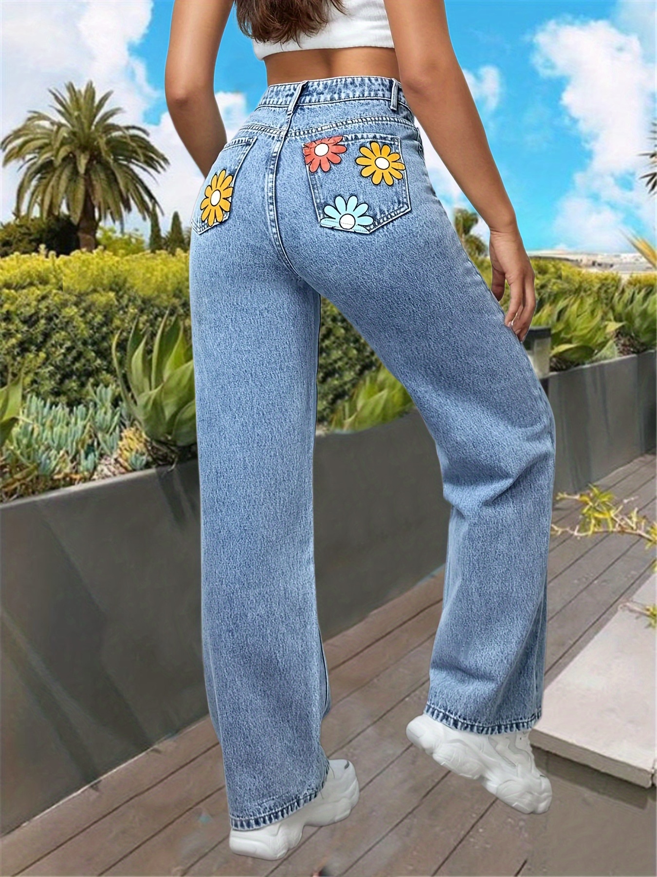 Floral Print High Waist Straight Jeans, Slash Pockets High * Loose Fit  Denim Pants, Women's Denim Jeans & Clothing