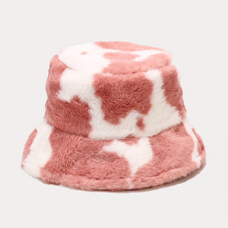 Winter Cow Faux Fur Towel Bucket Hat For Women Wide Brim, Fluffy