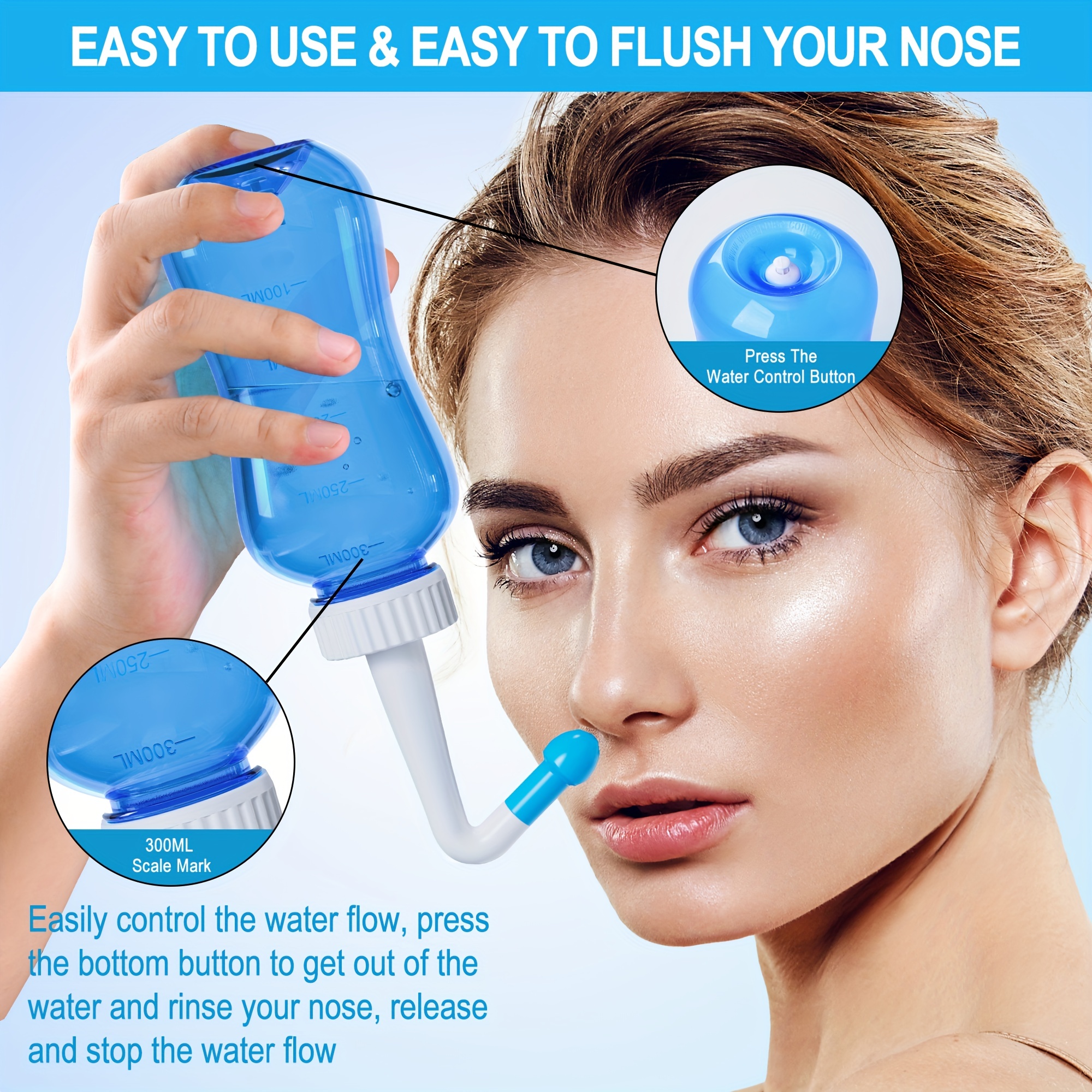 Neti Pot Sinus Rinse Wash Bottle Nose Cleaner Pressure Nasal Irrigation for  Adult & Kid, 300 ML with 30 Nasal Wash Salt Packets and Sticker Thermometer  BPA Free 