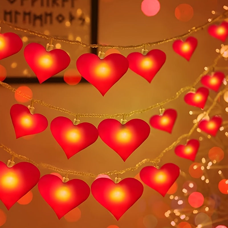 1 paquete, cadena de luces decorativas de San Valentín con corazón de amor  rojo, cadena de luces decorativas románticas con corazón rojo para el hogar