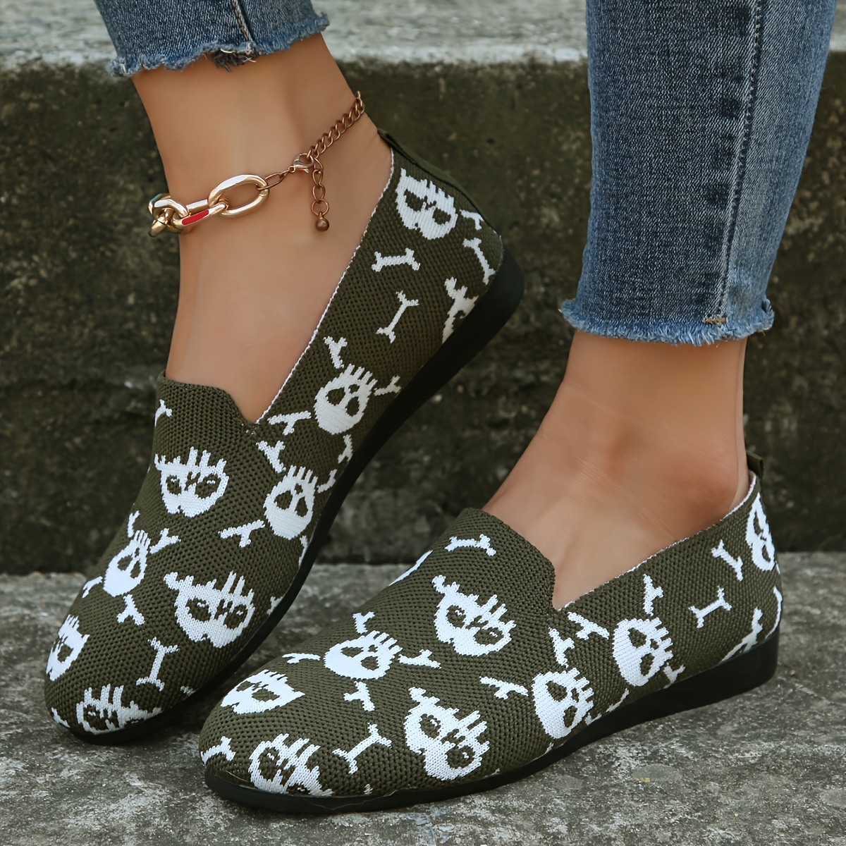 Skull Pattern Flat Shoes Halloween Soft Sole Slip On Shoes