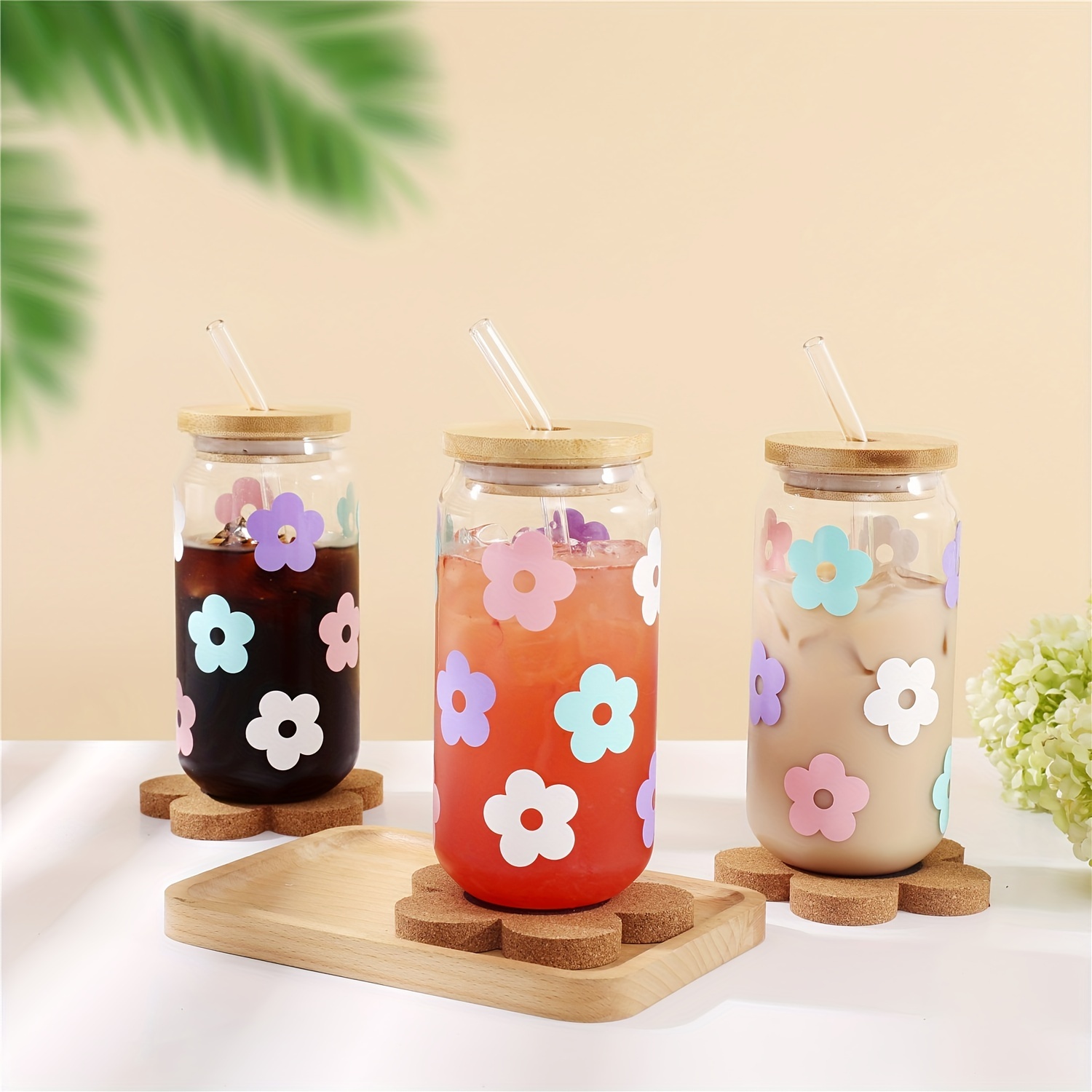1 Set 16oz Retro Flower Can-shaped Glass Tumbler With Bamboo Lid, Straw,  And Cleaning Brush - Daisy Pattern Soda Can Cup For Drinkware And Glassware