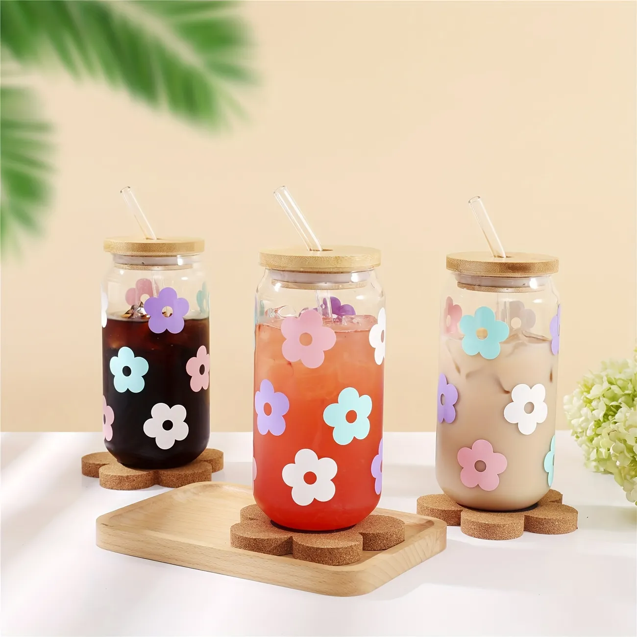 1 Set 16oz Retro Flower Can-shaped Glass Tumbler With Bamboo Lid, Straw, And Cleaning Brush - Daisy Pattern Soda Can Cup For Drinkware And Glassware