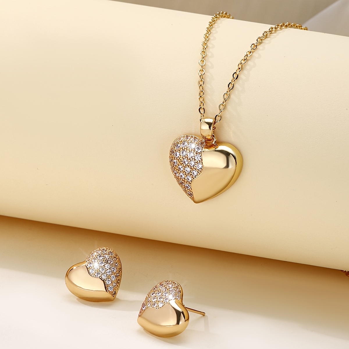 

Stud Earrings + Necklace Chic Jewelry Set 14k Gold Plated Trendy Heart Design Paved Zirconia Match Daily Outfits Party Accessories