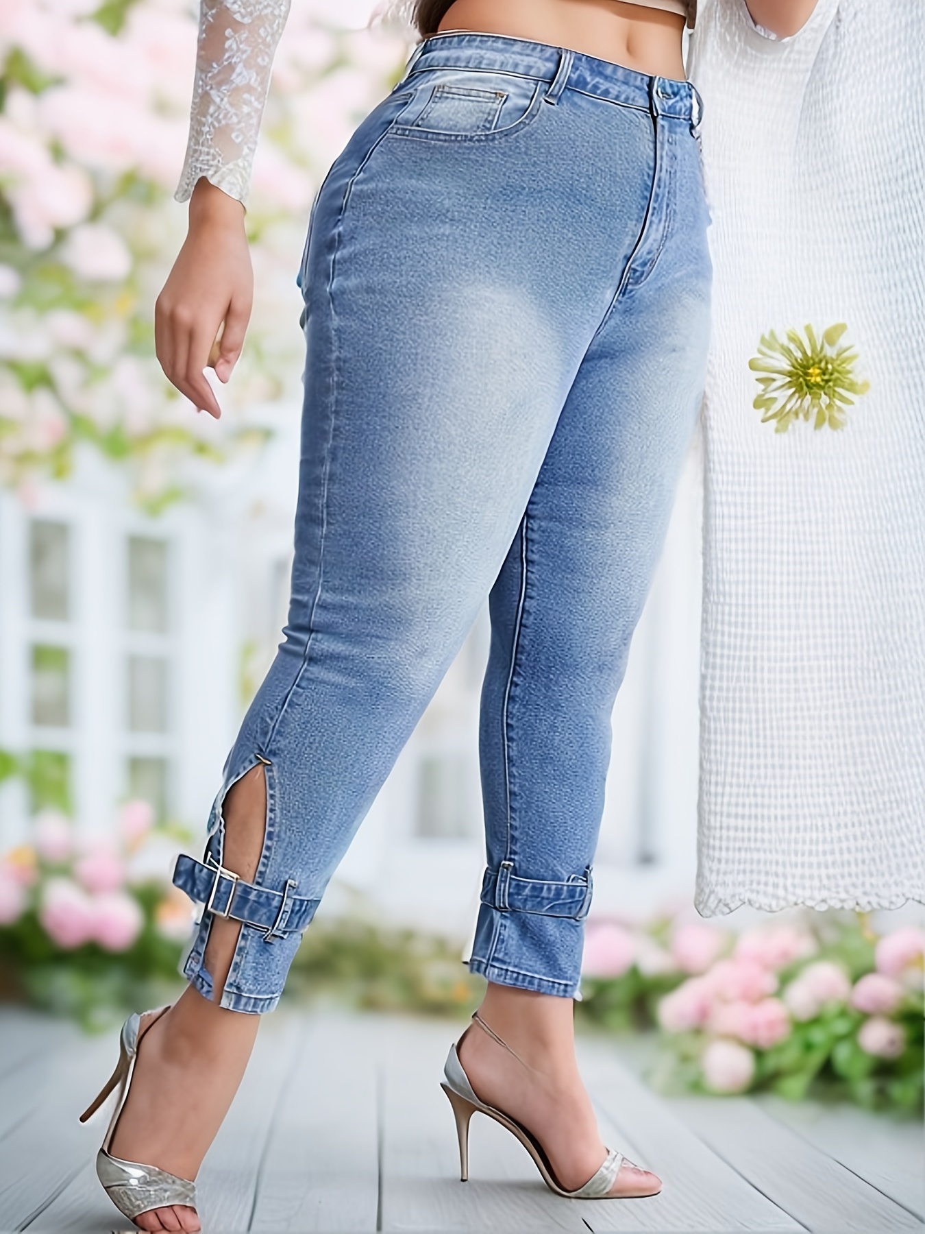 Plus Size Elegant Jeans Women's Plus Washed Buckle Button - Temu