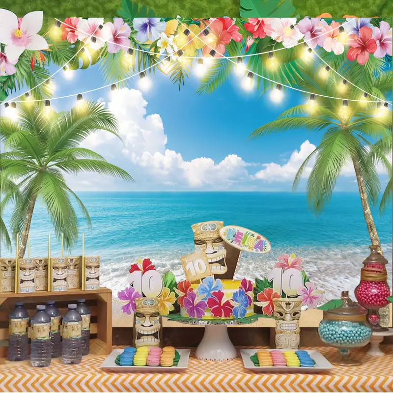 1pc, 7x5ft Summer Hawaiian Beach Ocean Photography Backdrop, Sky Seaside  Tropical Palm Trees Luau Hawaiian Party Decorations, Photoshoot Background,  P