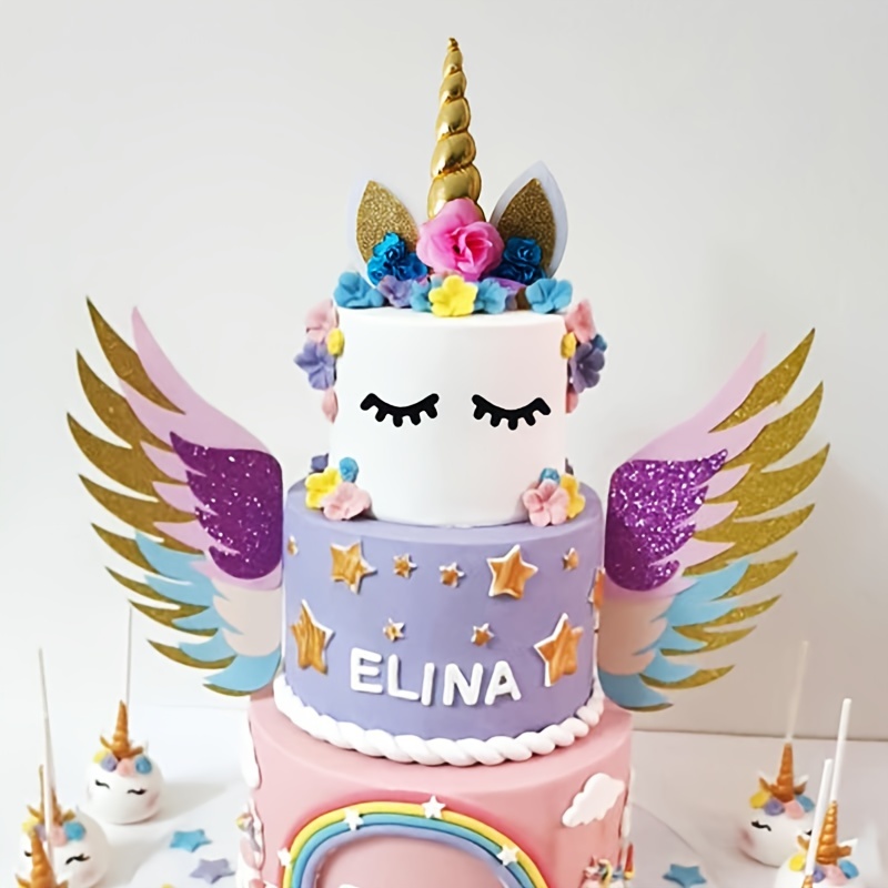 Decoración para tarta de unicornio, hecho a mano, suministros de decoración  para tartas con pestañas y pilas, cuerno de oro reutilizable para fiesta