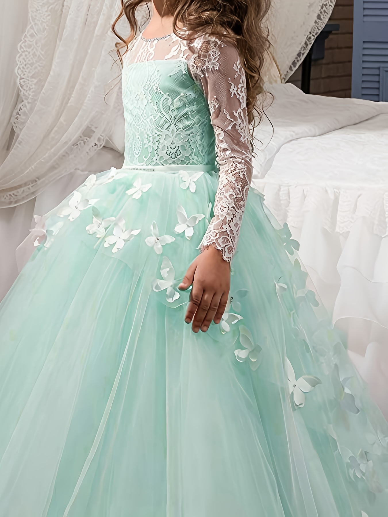 Ragazza Tween Abito principessa autunno/inverno maniche lunghe con nodo a  farfalla e mesh, adatto per matrimonio, festa di compleanno, sera festa,  piano prestazione e altro occasioni