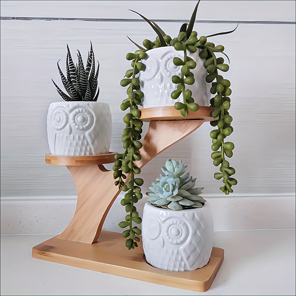 3pcs Owl Succulent Pots with 3 Tier cheapest Bamboo Saucers Stand Holder - White Modern