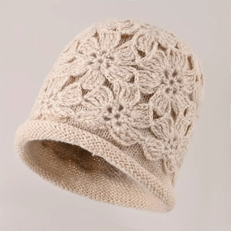 Casquette,bonnet en tricot à fleurs chaudes pour femme,Double