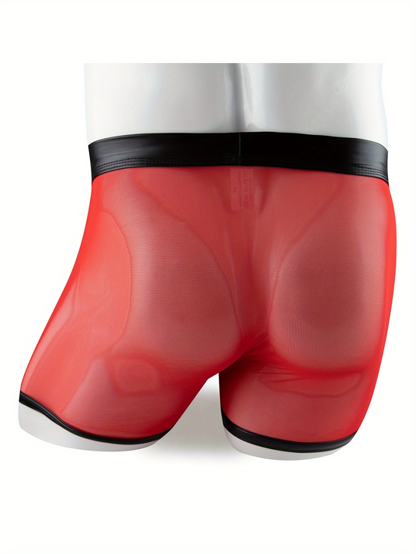 Men Long Underpants Boxers Short Panties Underwear Faux Leather Mesh Solid  Color