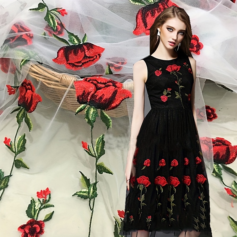 Heavy Embroider Red Flower Lace Net Fabric Floral Embroidery Dress