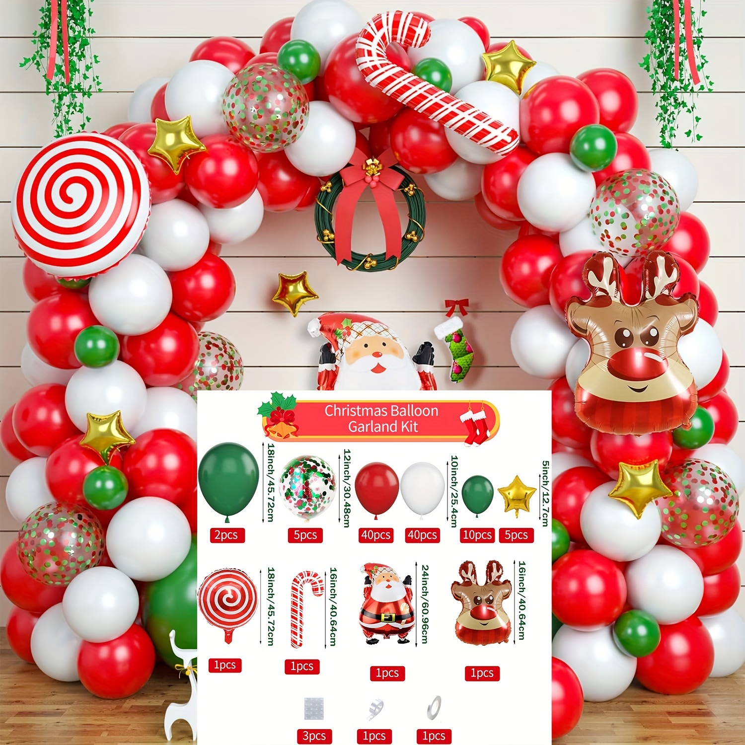 84pcs Joyeux Noël Ballon et Bâton de Père Noël 3pcs, Ballons en Latex avec  Confettis Blancs, Rouge, Vert et Or pour Décoration Noël