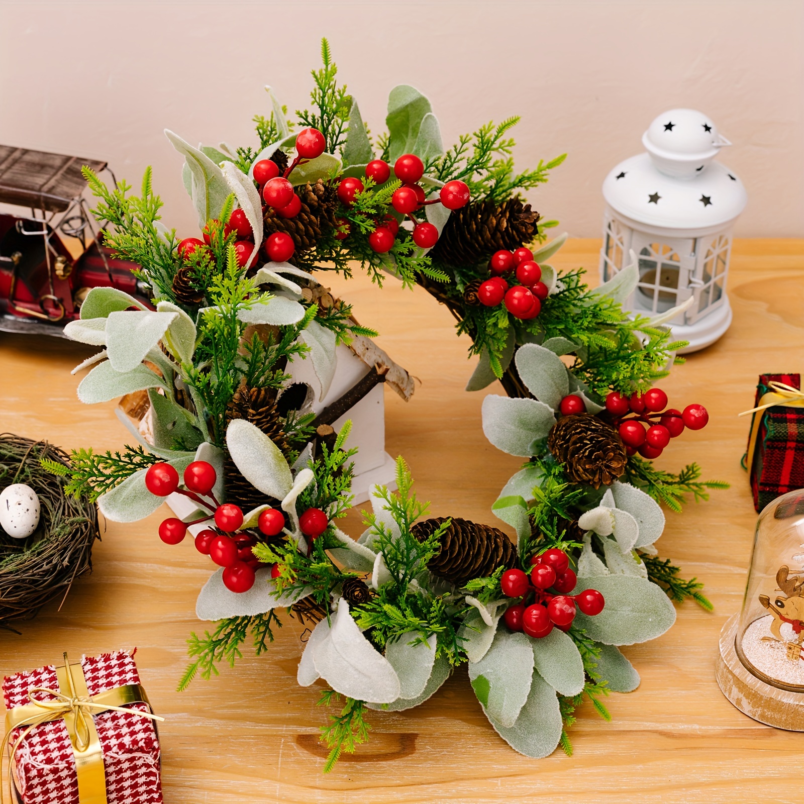 Christmas Candle Rings Wreath Mini Christmas Wreath With Red - Temu